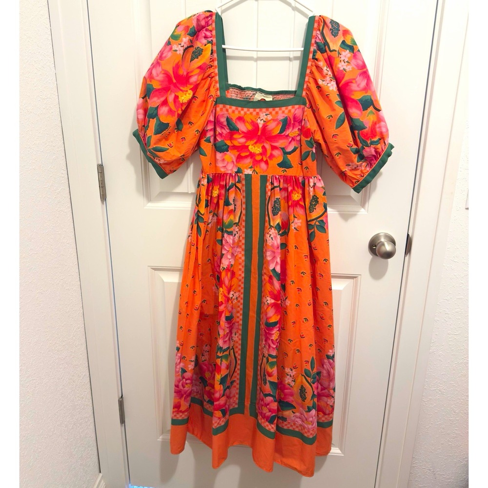 FARM Floral Smocked Square Neck Puff Sleeve Pocket Maxi Dress Size S